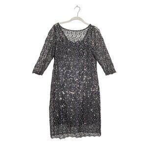 Kay Unger Crochet / Sequin 3/4 Sleeve Midi Dress / Slip in Gunmetal  - Sz 8